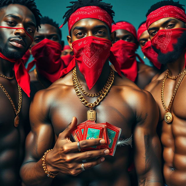 Close-up view of a group of muscular African-American gang members, each exuding confidence and strength