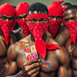 Close-up view of a group of muscular African-American gang members, each exuding confidence and strength