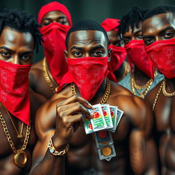 Close-up view of a group of muscular African-American gang members, each exuding confidence and strength