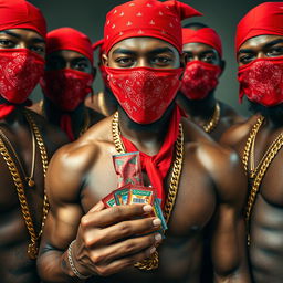 Close-up view of a group of muscular African-American gang members, each exuding confidence and strength