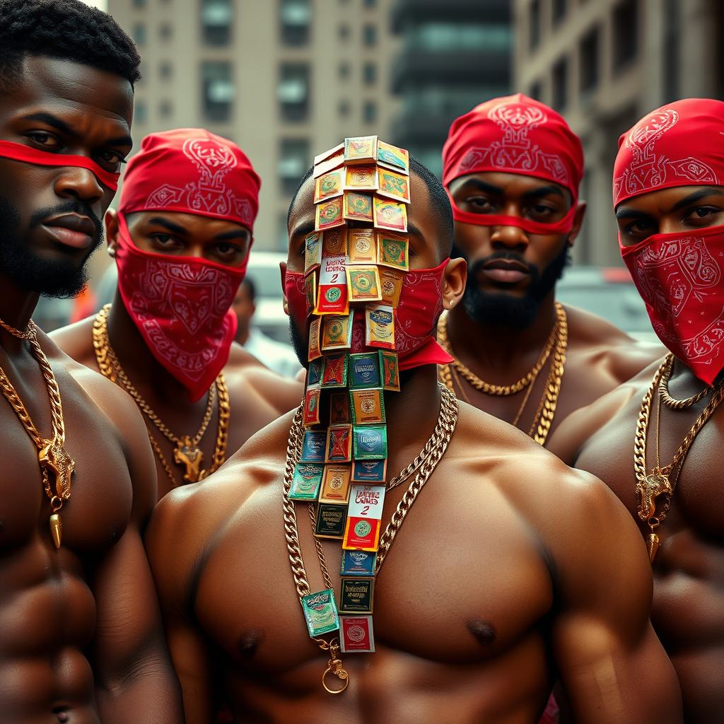 A close-up of a gang of muscular African-American men, showcasing their impressive physiques adorned with gold chains