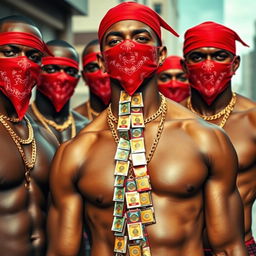 A close-up of a gang of muscular African-American men, showcasing their impressive physiques adorned with gold chains