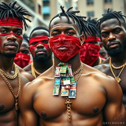 A close-up of a gang of muscular African-American men, showcasing their impressive physiques adorned with gold chains