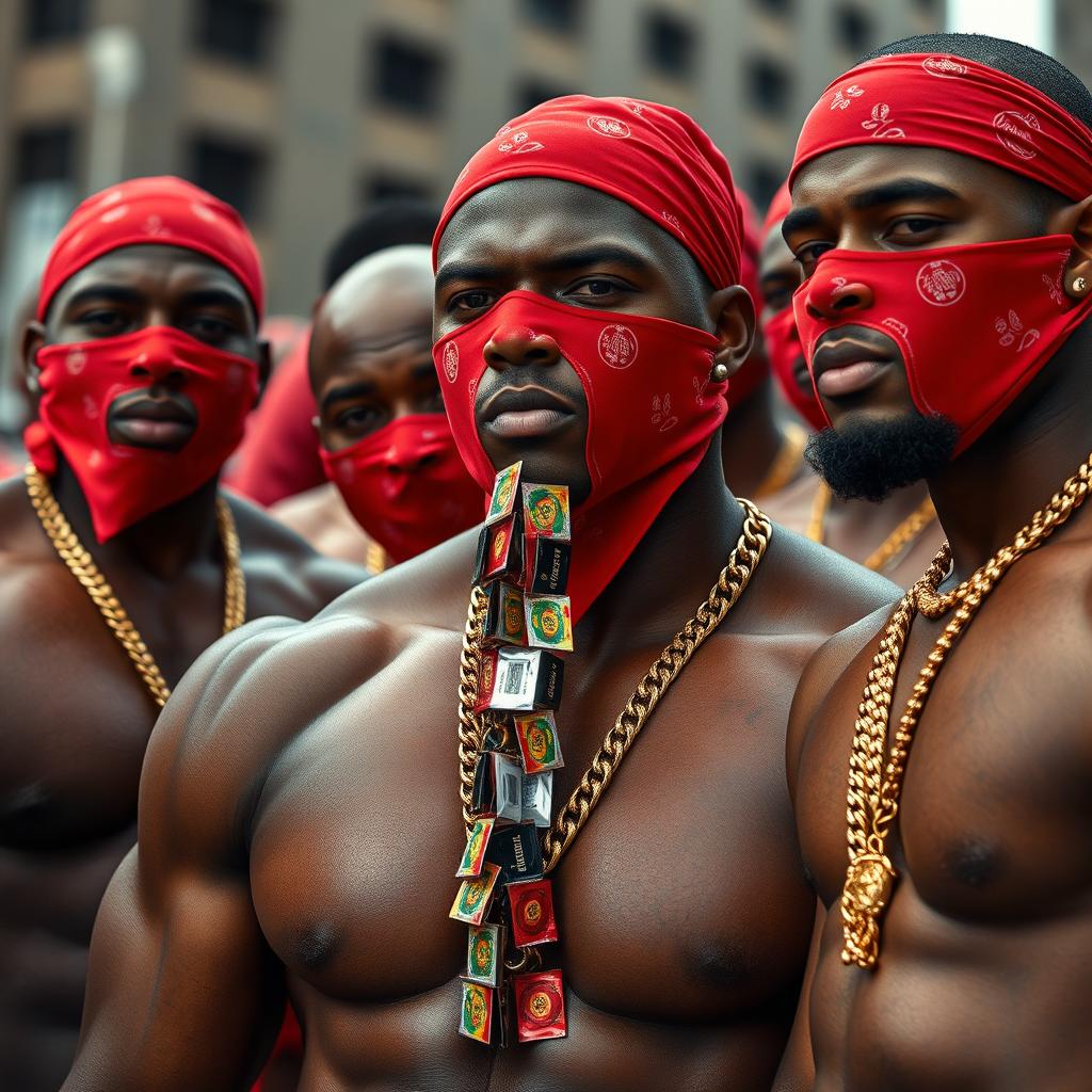 A close-up of a gang of muscular African-American men, showcasing their impressive physiques adorned with gold chains