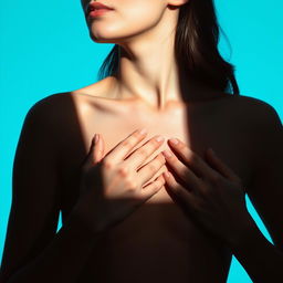 shadow of a woman touching her chest, cyan blue background