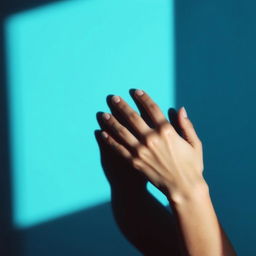 shadow of a woman touching her chest, cyan blue background