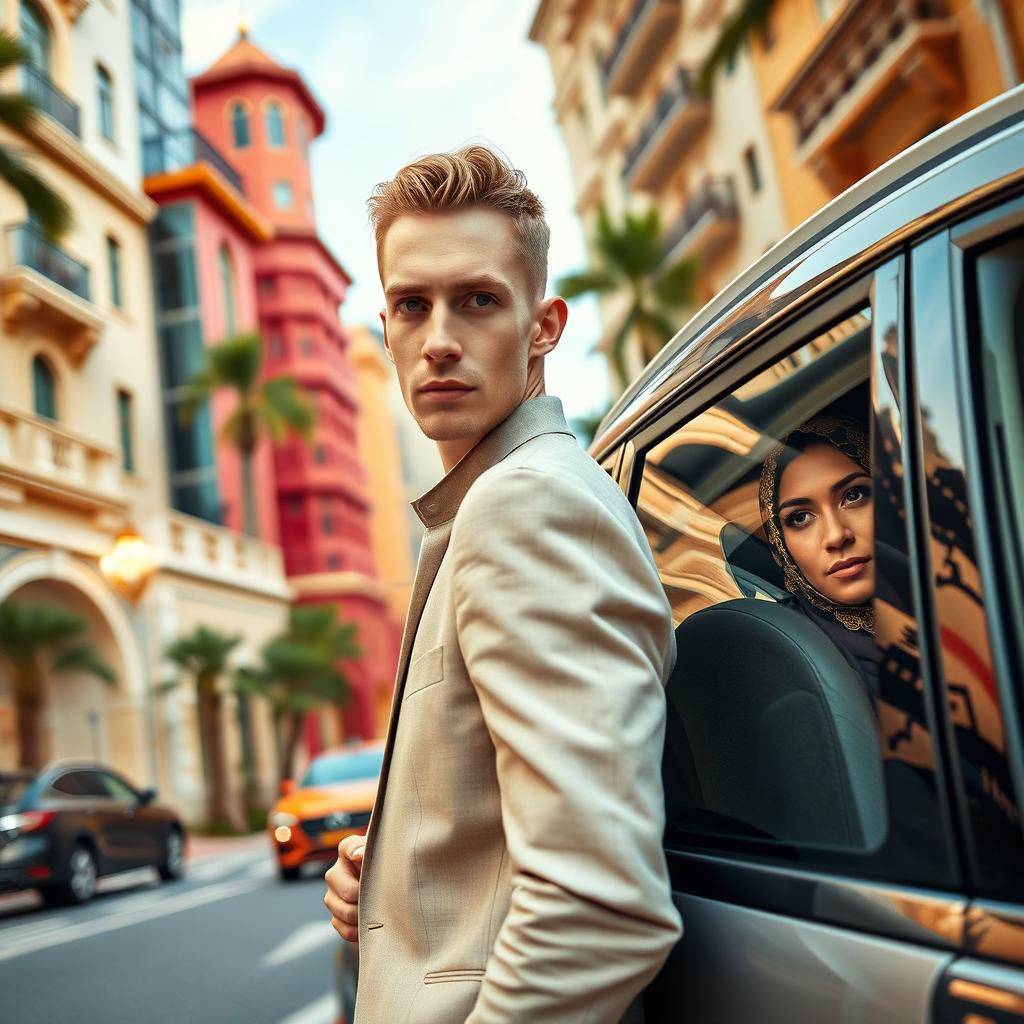 A tall, thin young Caucasian man, with an elegant posture and dressed in stylish urban wear, walks confidently through an opulent neighborhood