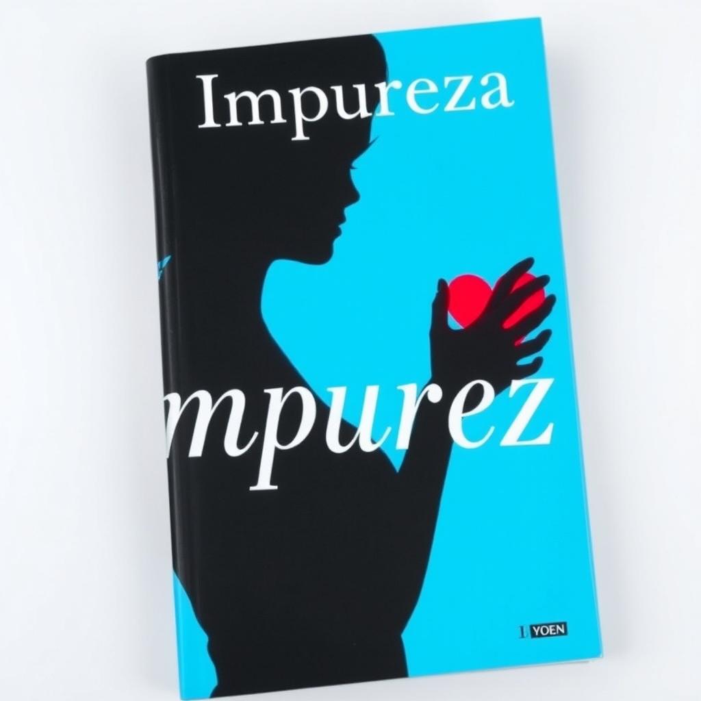 book cover featuring a silhouette of a woman touching her heart, cyan blue background, title: Impureza