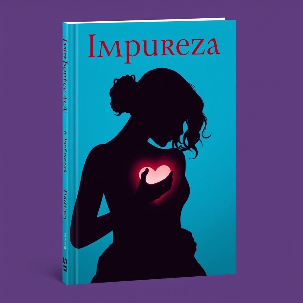 book cover featuring a silhouette of a woman touching her heart, cyan blue background, title: Impureza