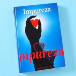 book cover featuring a silhouette of a woman touching her heart, cyan blue background, title: Impureza