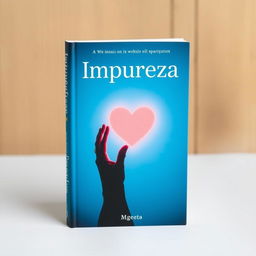 book cover featuring a silhouette of a woman touching her heart, cyan blue background, title: Impureza