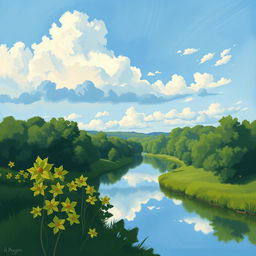 A reinterpretation of the 1967 artwork 'A Margem', depicting a serene riverside scene with lush greenery, a calm river reflecting the sky, and softly lit clouds