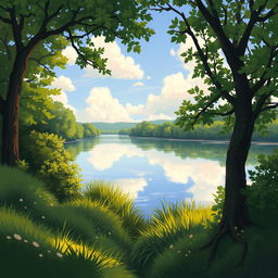 A reinterpretation of the 1967 artwork 'A Margem', depicting a serene riverside scene with lush greenery, a calm river reflecting the sky, and softly lit clouds