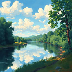 A reinterpretation of the 1967 artwork 'A Margem', depicting a serene riverside scene with lush greenery, a calm river reflecting the sky, and softly lit clouds