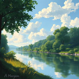 A reinterpretation of the 1967 artwork 'A Margem', depicting a serene riverside scene with lush greenery, a calm river reflecting the sky, and softly lit clouds