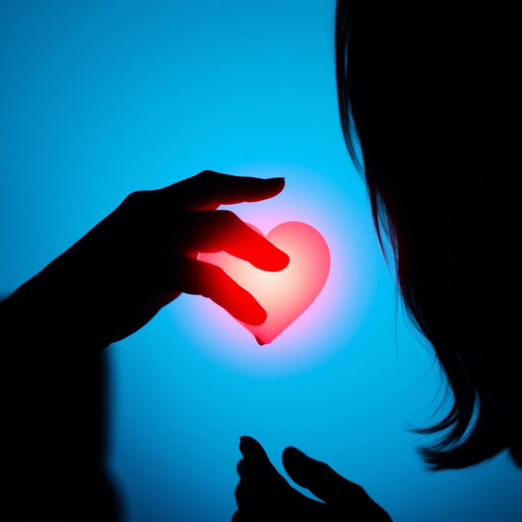 silhouette of a woman touching her heart, cyan blue background