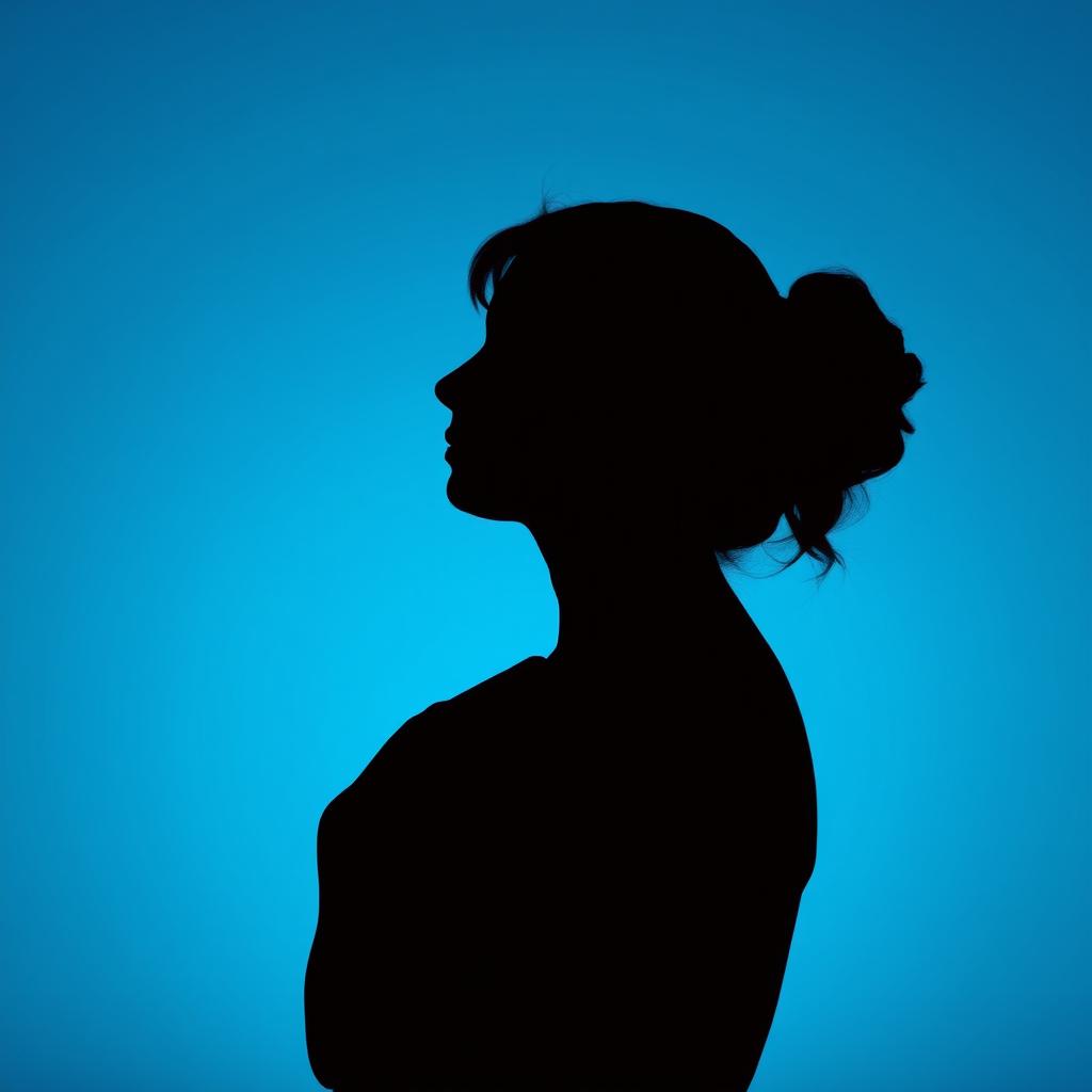 silhouette of a woman touching her heart, cyan blue background