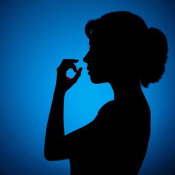 silhouette of a woman touching her heart, cyan blue background