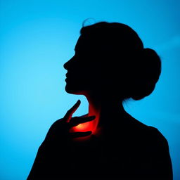 silhouette of a woman touching her heart, cyan blue background