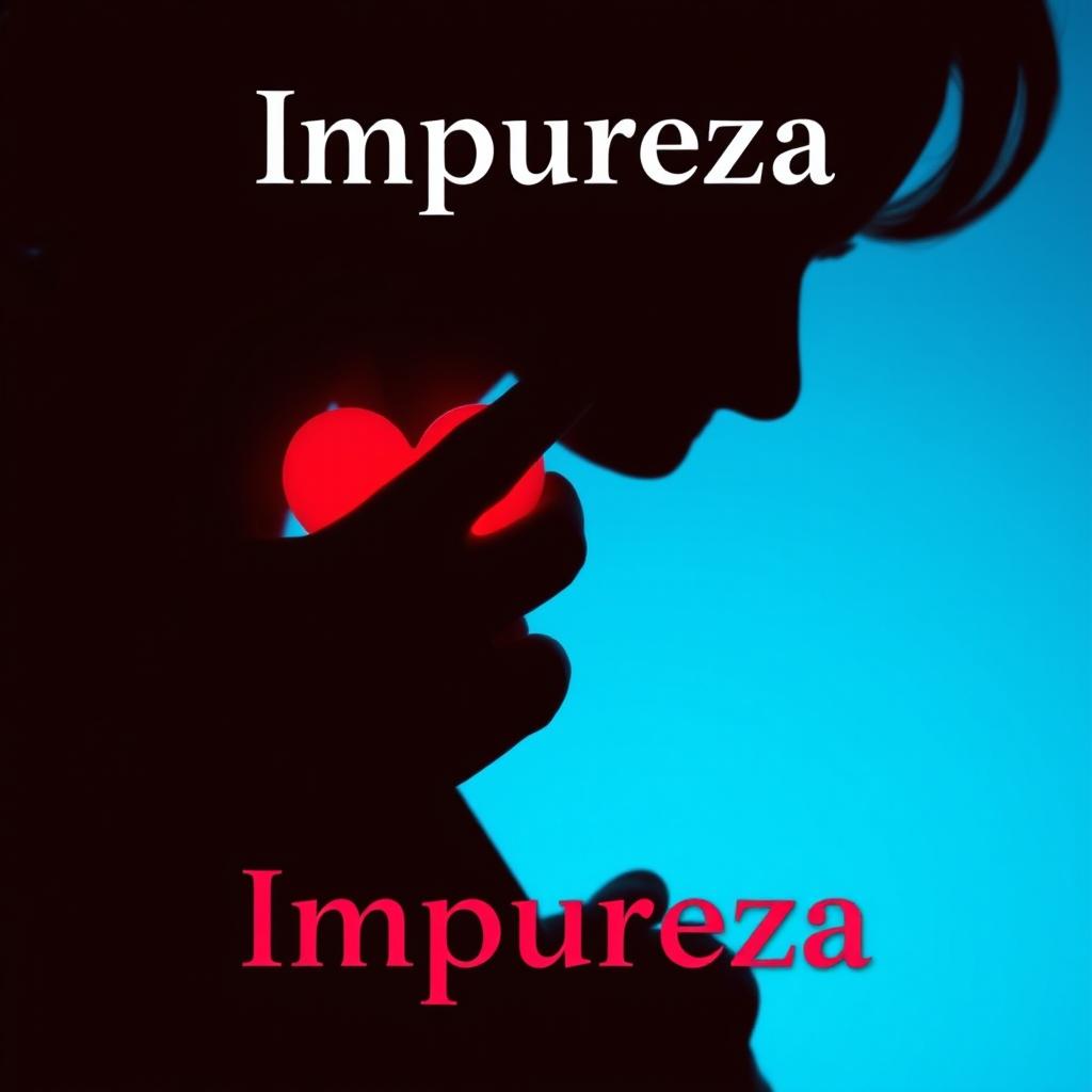 silhouette of a woman touching her heart, cyan blue background, title: Impureza