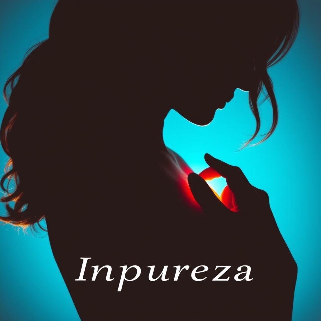 silhouette of a woman touching her heart, cyan blue background, title: Impureza