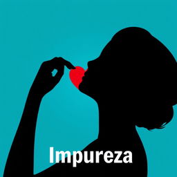 silhouette of a woman touching her heart, cyan blue background, title: Impureza