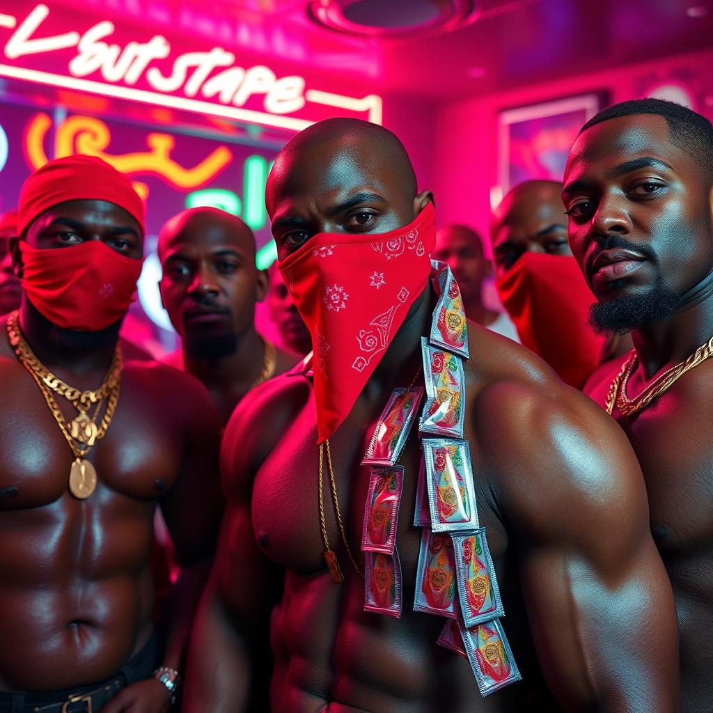 close-up of a gang of muscular African-American gang members in a vibrant strip club