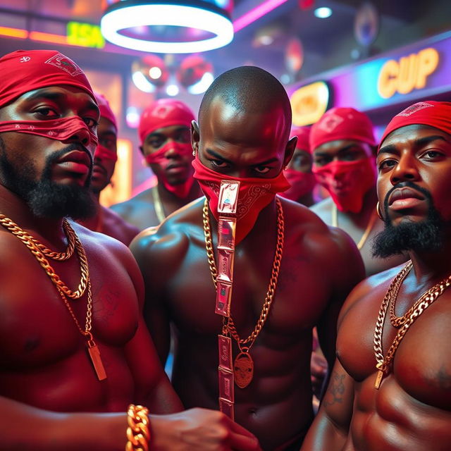 close-up of a gang of muscular African-American gang members in a vibrant strip club