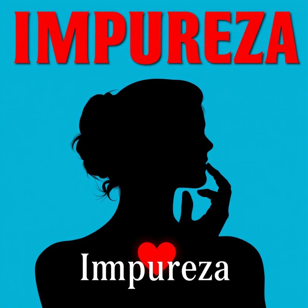 silhouette of a woman touching her heart, cyan blue background, title: Impureza