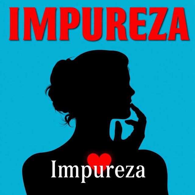 silhouette of a woman touching her heart, cyan blue background, title: Impureza