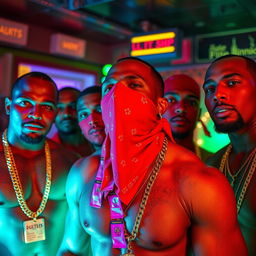 close-up of a gang of muscular African-American gang members in a vibrant strip club