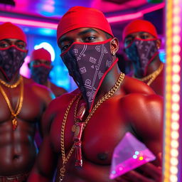 close-up of a gang of muscular African-American gang members in a vibrant strip club