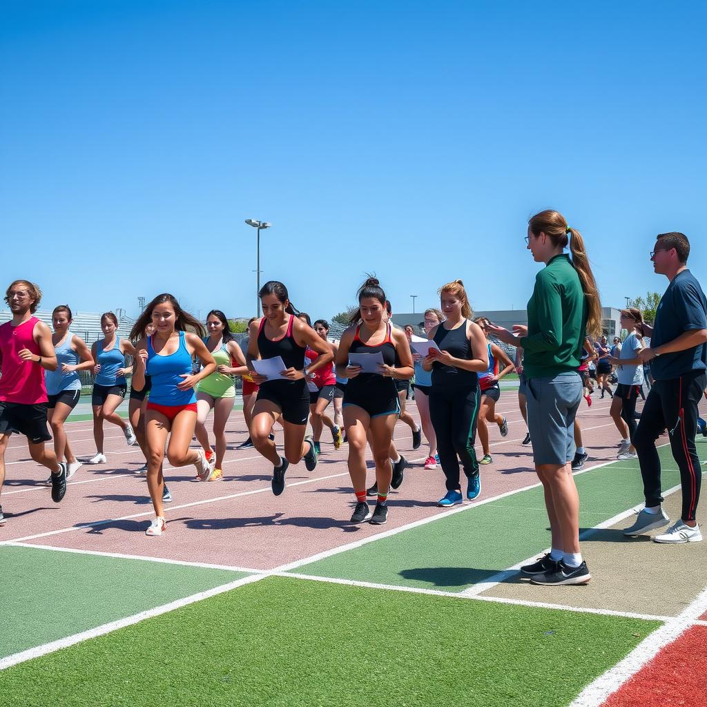 A diverse group of athletes, including both men and women, are engaging in a range of physical education and sports tests