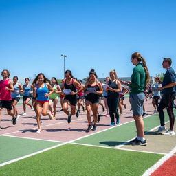 A diverse group of athletes, including both men and women, are engaging in a range of physical education and sports tests