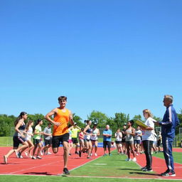 A diverse group of athletes, including both men and women, are engaging in a range of physical education and sports tests