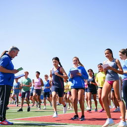 A diverse group of athletes, including both men and women, are engaging in a range of physical education and sports tests