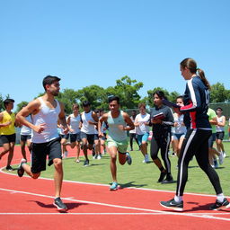 A diverse group of athletes, including both men and women, are engaging in a range of physical education and sports tests