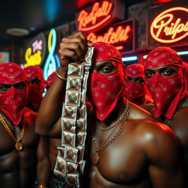 Close-up of a gang of muscular African-American gang members in a strip club