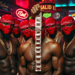 Close-up of a gang of muscular African-American gang members in a strip club