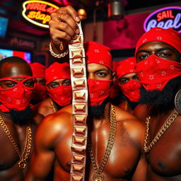 Close-up of a gang of muscular African-American gang members in a strip club