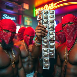 Close-up of a gang of muscular African-American gang members in a strip club