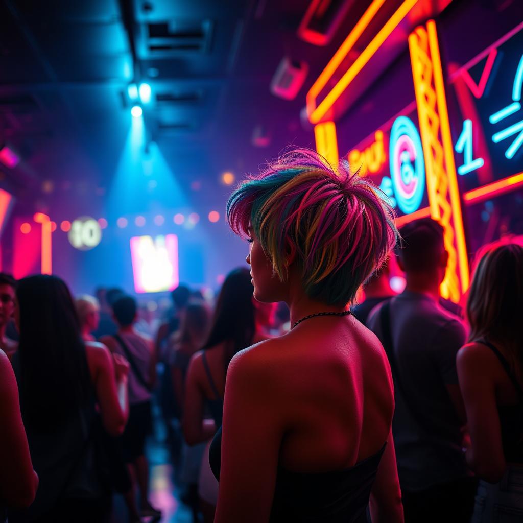 In a lively nightclub setting, a short-bodied woman with a vibrant and multicolored hairstyle stands out amongst the crowd