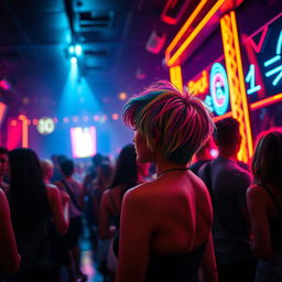 In a lively nightclub setting, a short-bodied woman with a vibrant and multicolored hairstyle stands out amongst the crowd