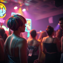 In a lively nightclub setting, a short-bodied woman with a vibrant and multicolored hairstyle stands out amongst the crowd