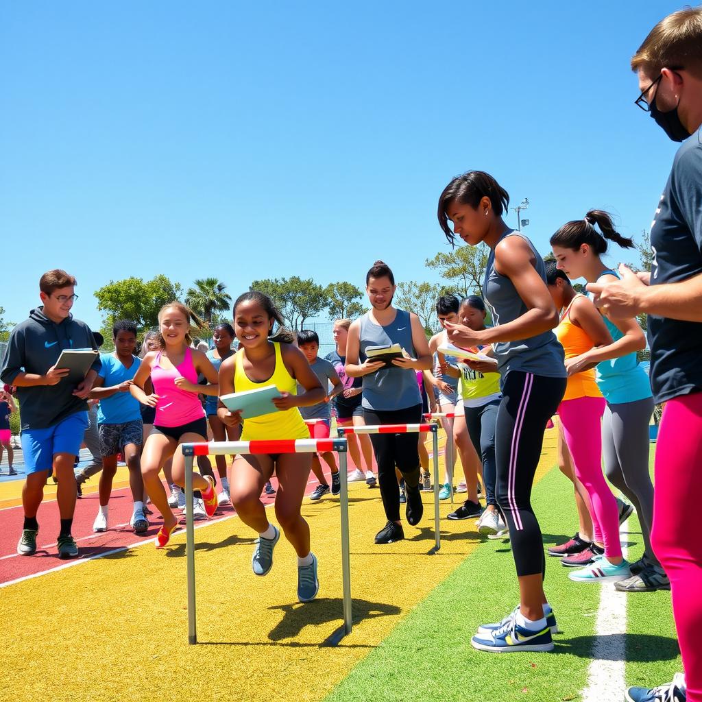 Athletes of various backgrounds intensely participating in physical education measurements and evaluations on a vibrant outdoor sports field