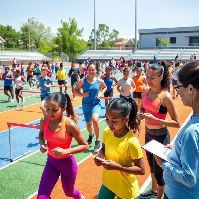 Athletes of various backgrounds intensely participating in physical education measurements and evaluations on a vibrant outdoor sports field