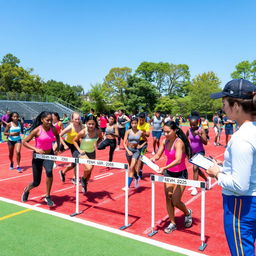 Athletes of various backgrounds intensely participating in physical education measurements and evaluations on a vibrant outdoor sports field