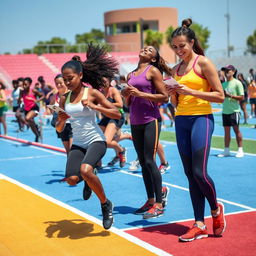 Athletes of various backgrounds intensely participating in physical education measurements and evaluations on a vibrant outdoor sports field