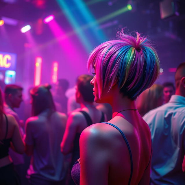 In a buzzing nightclub with vibrant energy, a short-bodied woman stands out with her unique hairstyle, featuring a blend of multiple vivid hair colors like a prism of the rainbow