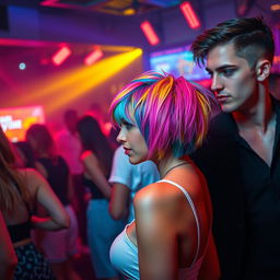 In a buzzing nightclub with vibrant energy, a short-bodied woman stands out with her unique hairstyle, featuring a blend of multiple vivid hair colors like a prism of the rainbow